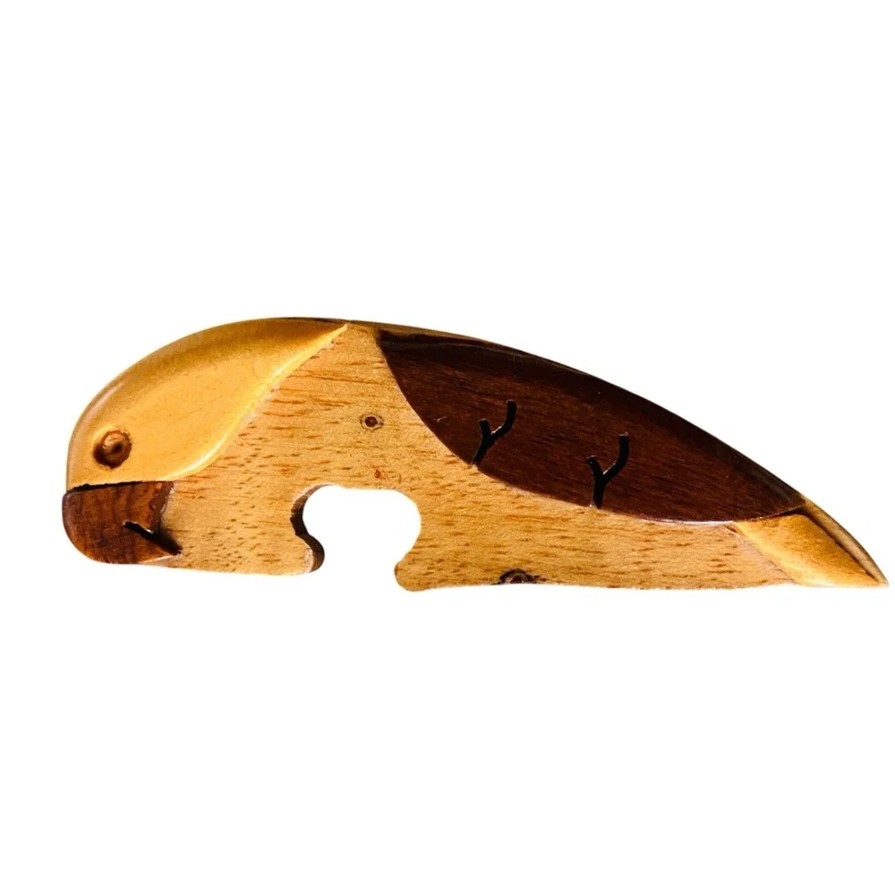 Vintage Wooden Puzzle Trinket Box Love Birds Parrot Hand Carved Artisan Folkart